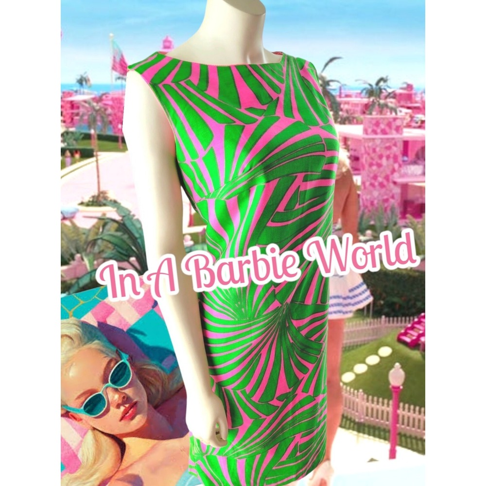 Vintage Pink & Green Silk Shift Dress With Palms Leaves 60's Barbiecore S/M